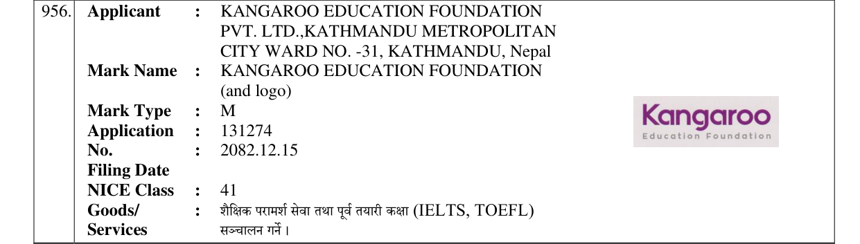 Original bulletin entry for KANGAROO EDUCATION FOUNDATION (and logo)