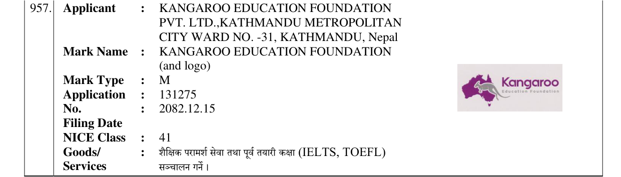 Original bulletin entry for KANGAROO EDUCATION FOUNDATION (and logo)
