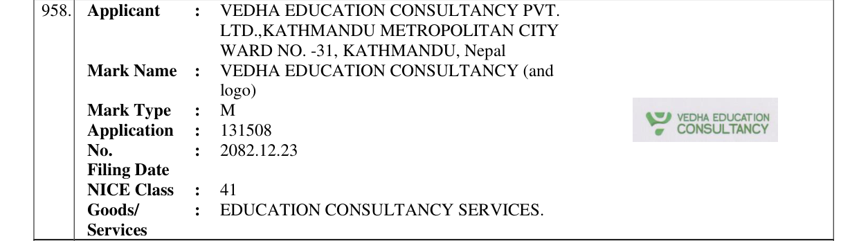 Original bulletin entry for VEDHA EDUCATION CONSULTANCY (and logo)