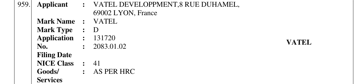 Original bulletin entry for VATEL