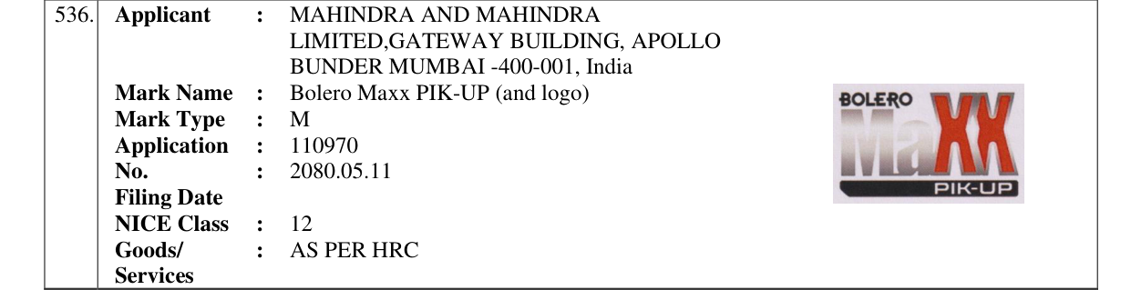 Original bulletin entry for Bolero Maxx PIK-UP (and logo)