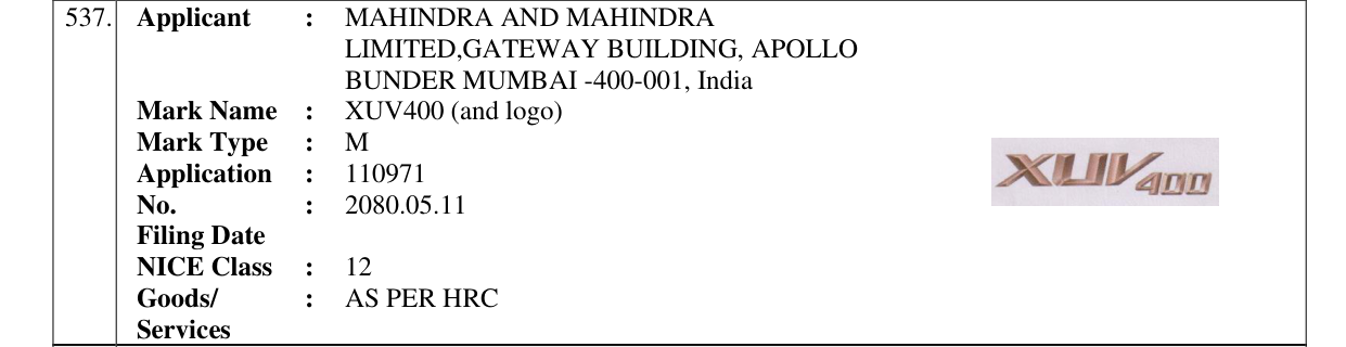 Original bulletin entry for XUV400 (and logo)
