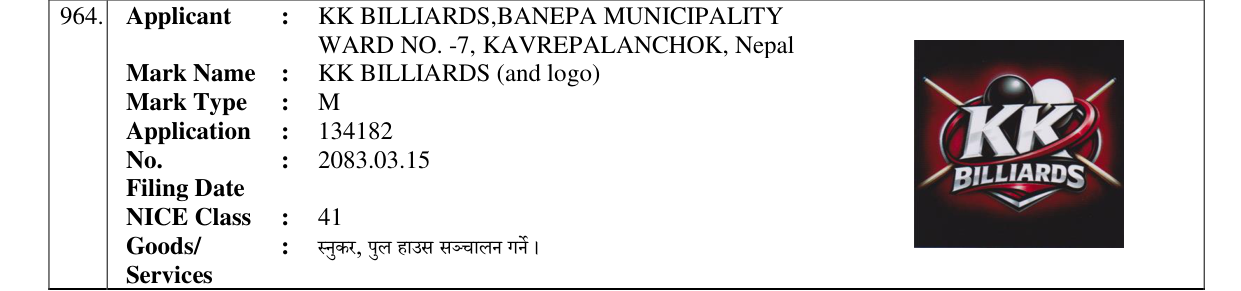 Original bulletin entry for KK BILLIARDS (and logo)