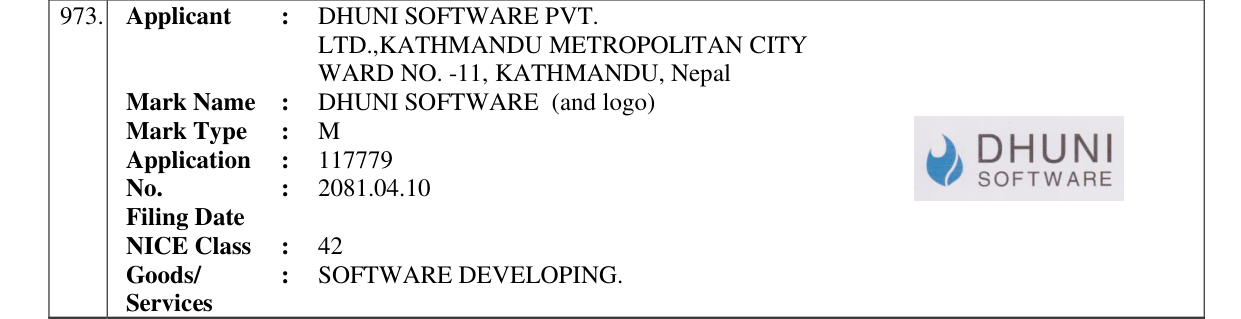 Original bulletin entry for DHUNI SOFTWARE (and logo)