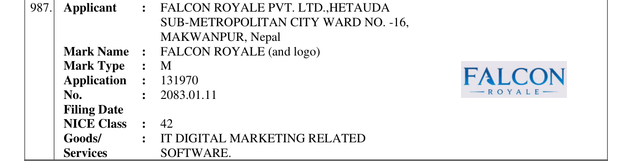 Original bulletin entry for FALCON ROYALE (and logo)