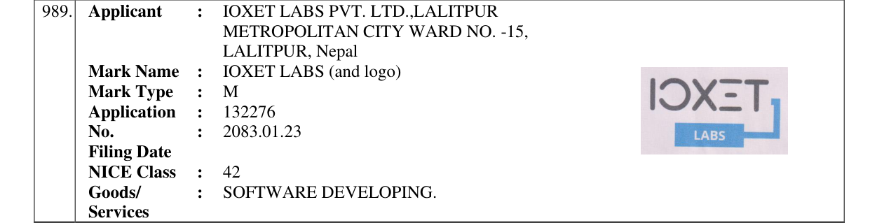 Original bulletin entry for IOXET LABS (and logo)