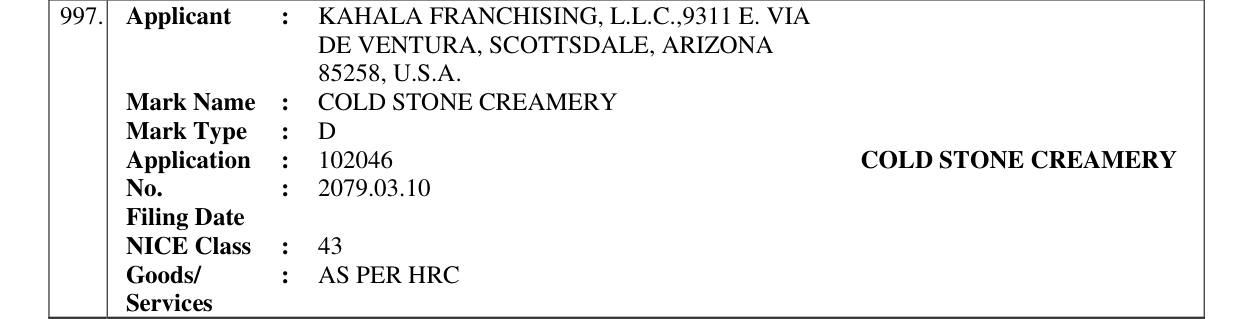 Original bulletin entry for COLD STONE CREAMERY