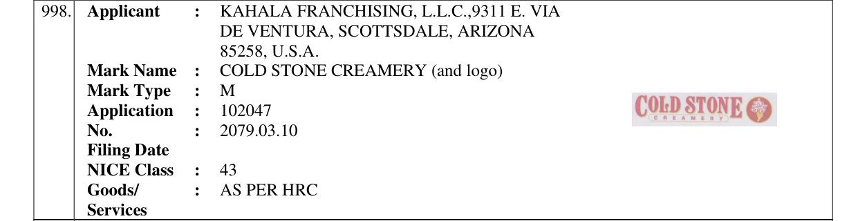 Original bulletin entry for COLD STONE CREAMERY (and logo)