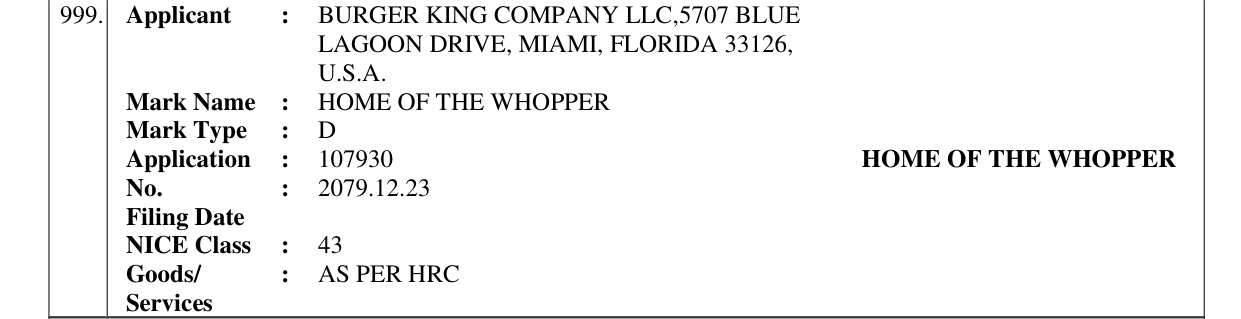 Original bulletin entry for HOME OF THE WHOPPER