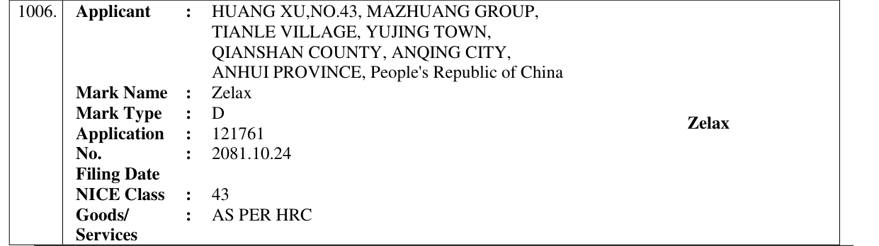 Original bulletin entry for Zelax