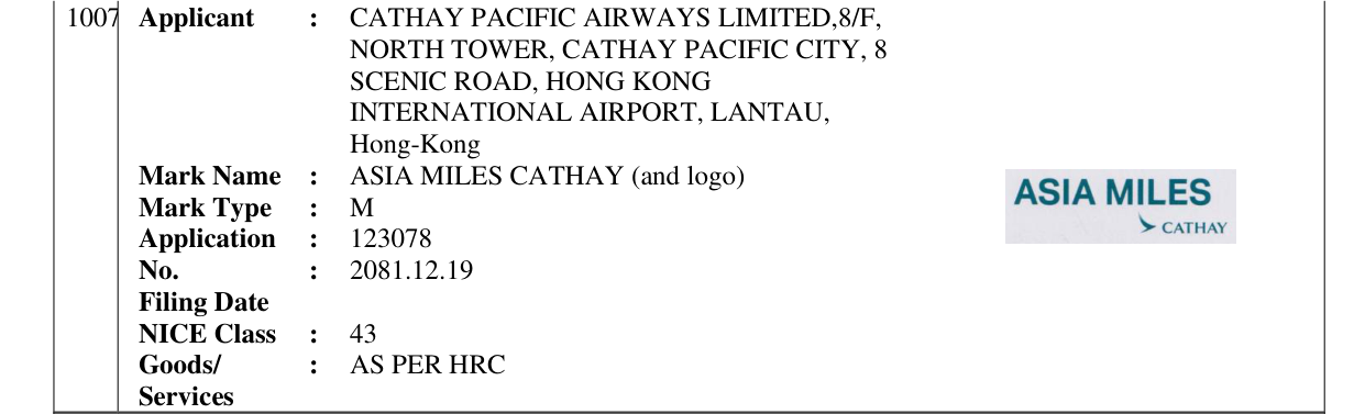 Original bulletin entry for ASIA MILES CATHAY (and logo)