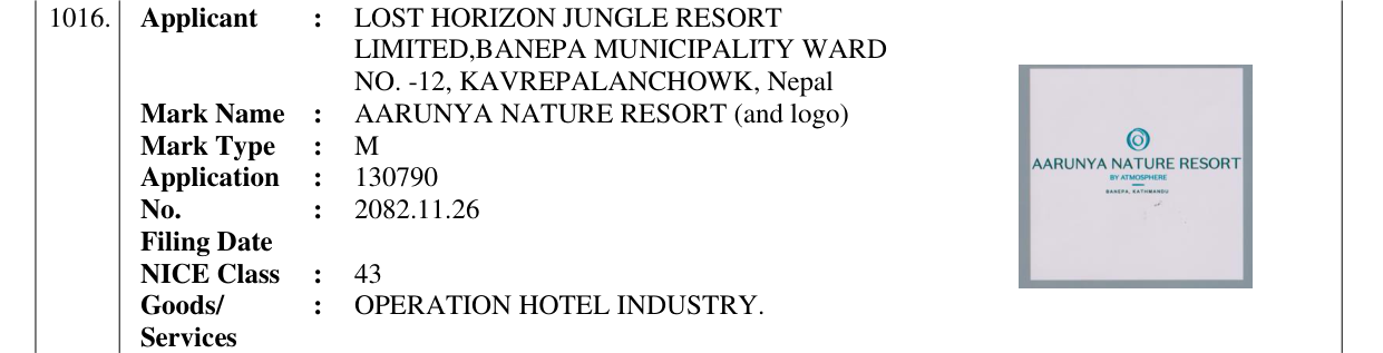 Original bulletin entry for AARUNYA NATURE RESORT (and logo)