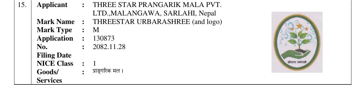 Original bulletin entry for THREESTAR URBARASHREE (and logo)