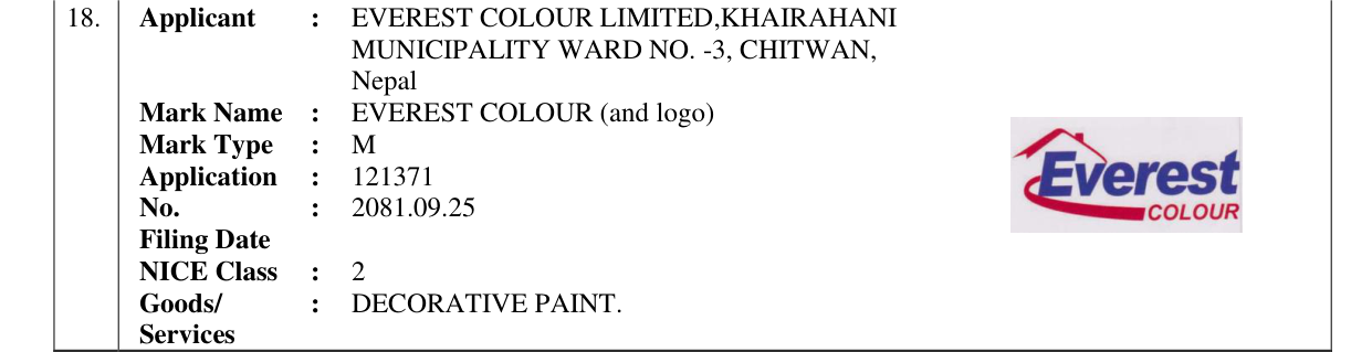 Original bulletin entry for EVEREST COLOUR (and logo)
