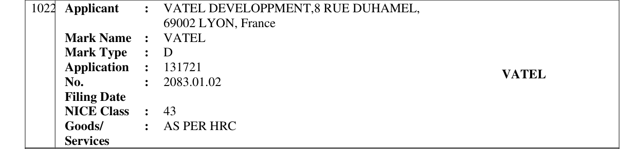 Original bulletin entry for VATEL