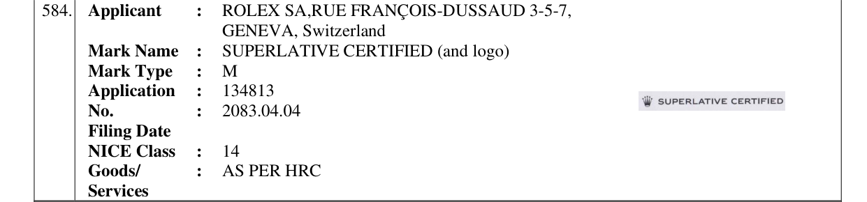 Original bulletin entry for SUPERLATIVE CERTIFIED (and logo)