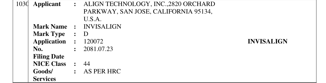 Original bulletin entry for INVISALIGN
