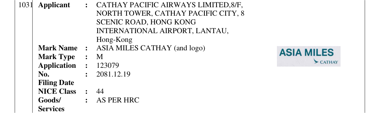 Original bulletin entry for ASIA MILES CATHAY (and logo)