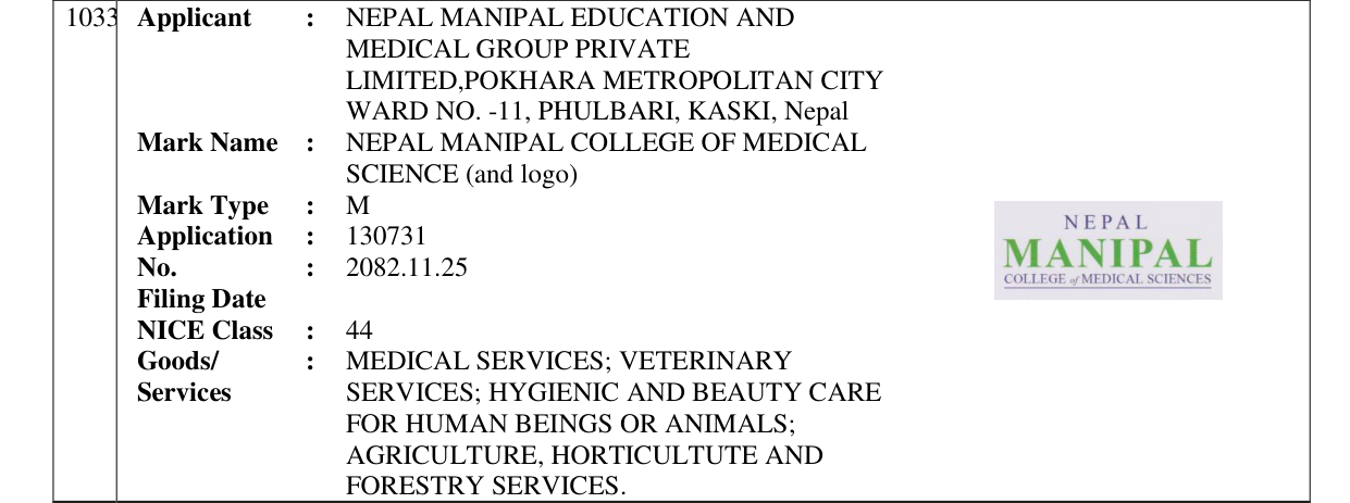 Original bulletin entry for NEPAL MANIPAL COLLEGE OF MEDICAL SCIENCE (and logo)