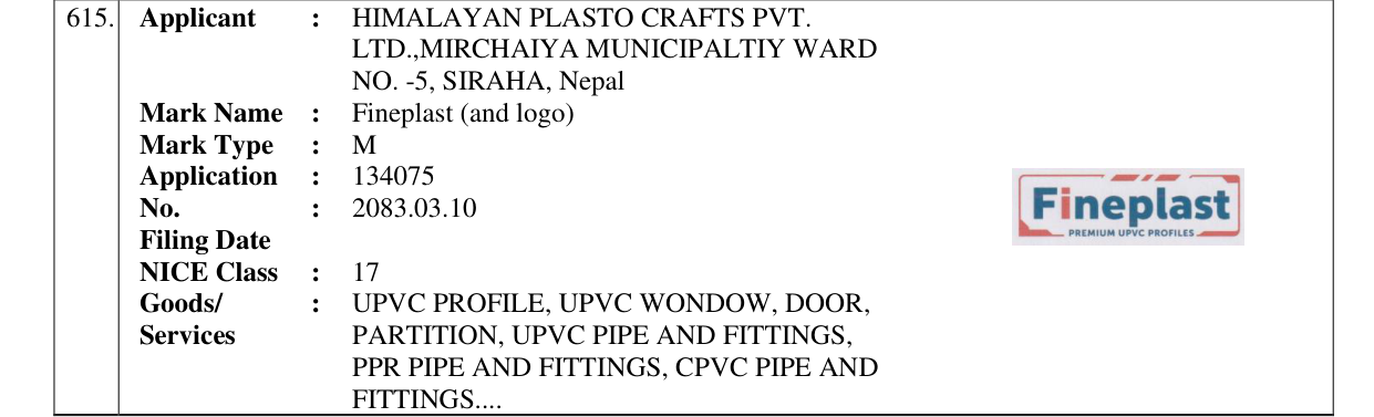 Original bulletin entry for Fineplast (and logo)