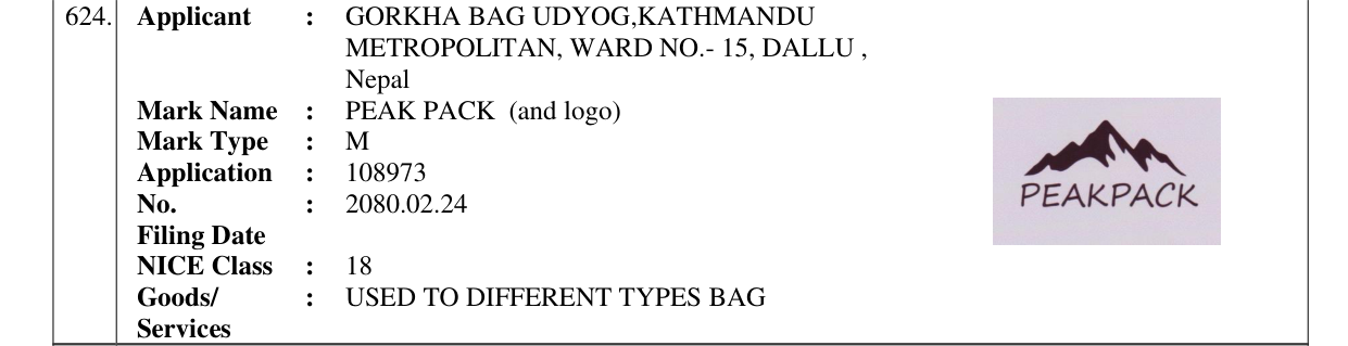 Original bulletin entry for PEAK PACK (and logo)