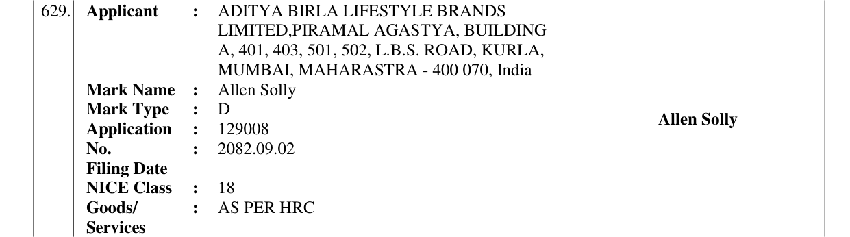 Original bulletin entry for Allen Solly