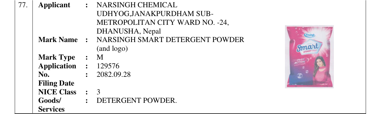 Original bulletin entry for NARSINGH SMART DETERGENT POWDER (and logo)