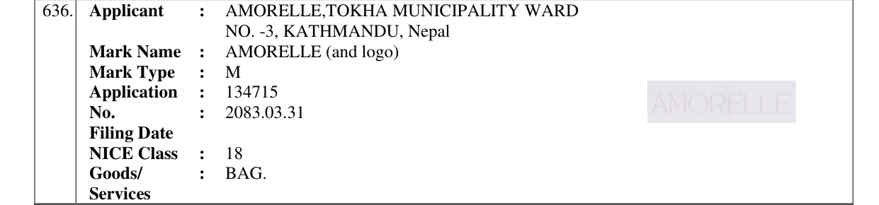 Original bulletin entry for AMORELLE (and logo)