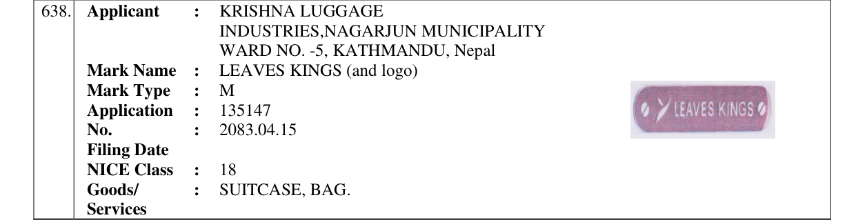 Original bulletin entry for LEAVES KINGS (and logo)