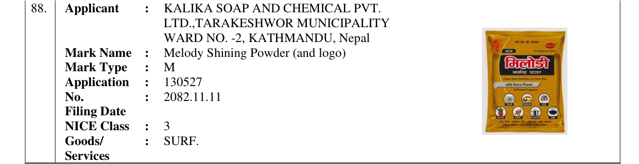 Original bulletin entry for Melody Shining Powder (and logo)