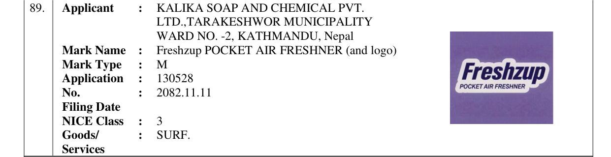 Original bulletin entry for Freshzup POCKET AIR FRESHNER (and logo)