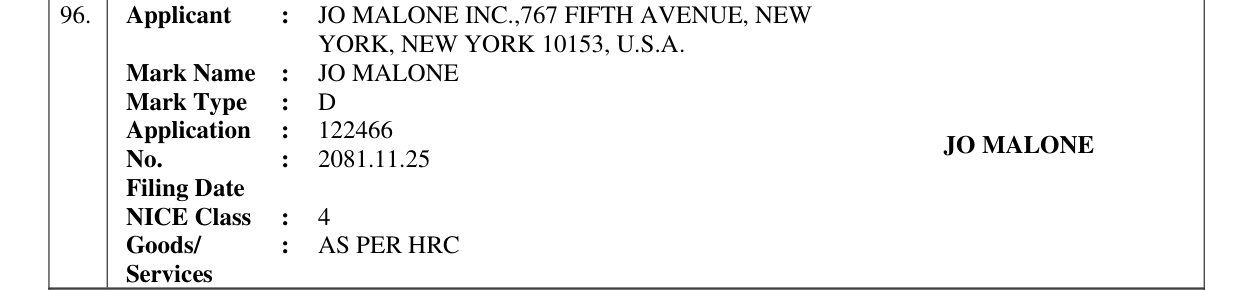 Original bulletin entry for JO MALONE
