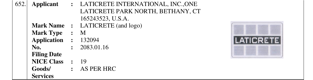 Original bulletin entry for LATICRETE (and logo)