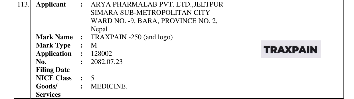 Original bulletin entry for TRAXPAIN -250 (and logo)