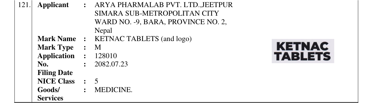 Original bulletin entry for KETNAC TABLETS (and logo)