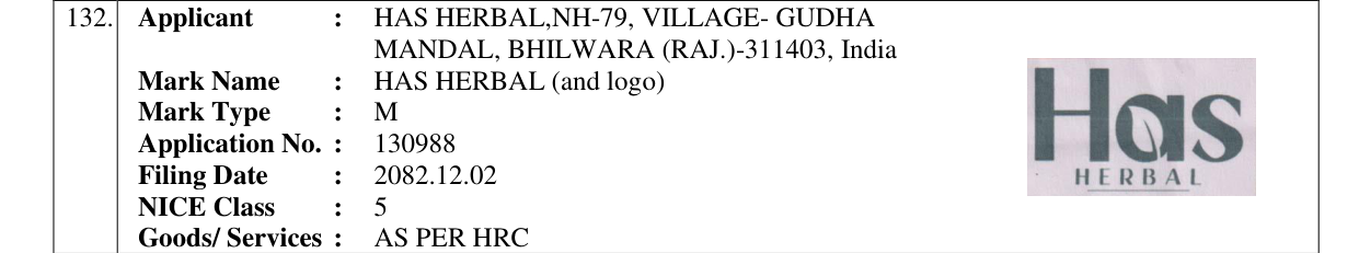 Original bulletin entry for HAS HERBAL (and logo)