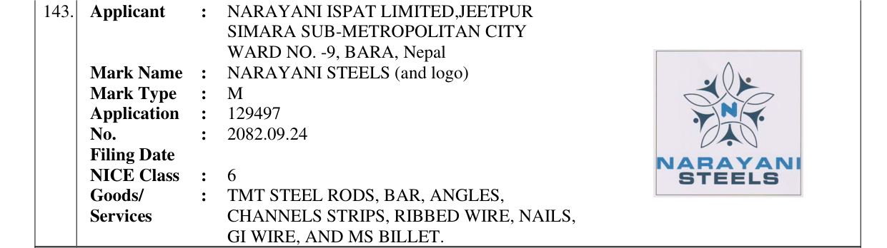 Original bulletin entry for NARAYANI STEELS (and logo)