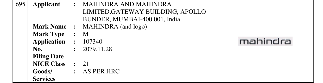 Original bulletin entry for MAHINDRA (and logo)