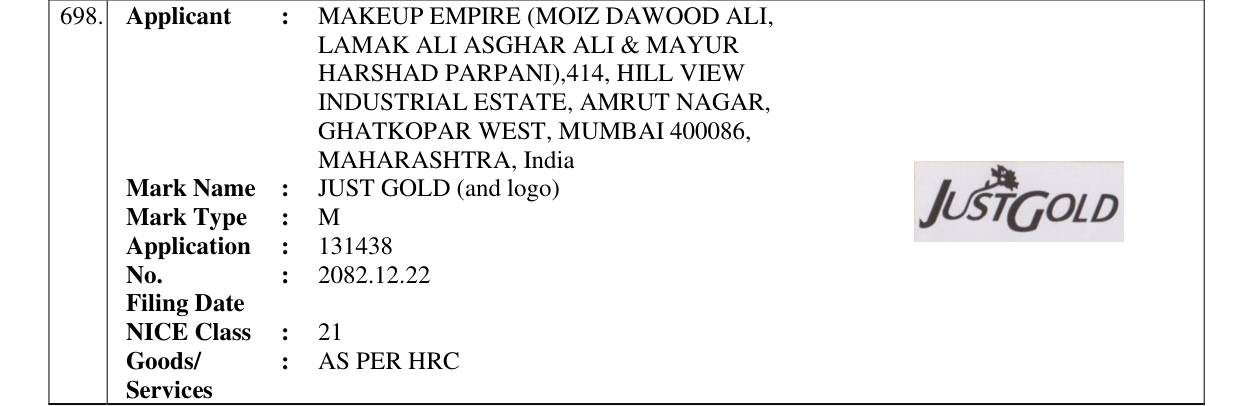Original bulletin entry for JUST GOLD (and logo)
