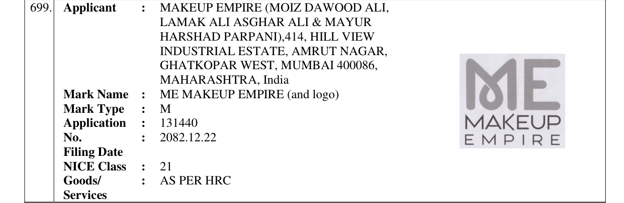 Original bulletin entry for ME MAKEUP EMPIRE (and logo)