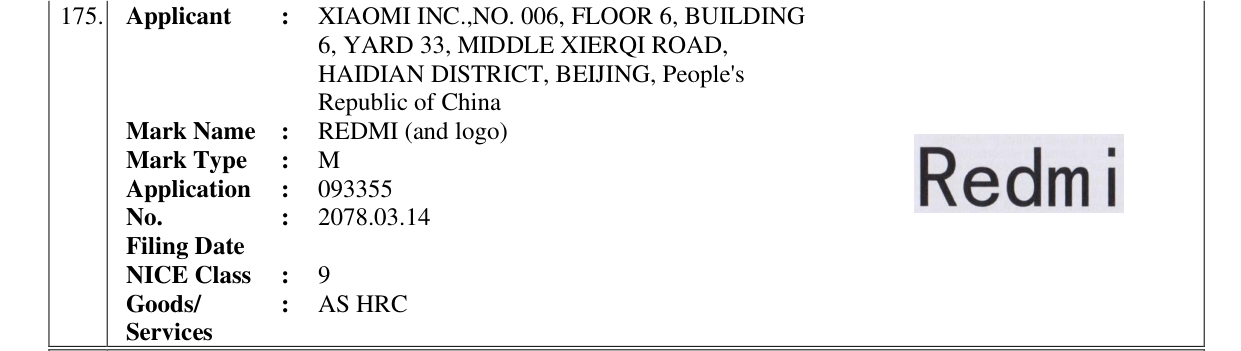 Original bulletin entry for REDMI (and logo)
