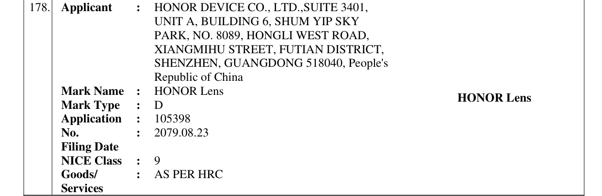Original bulletin entry for HONOR Lens HONOR Lens