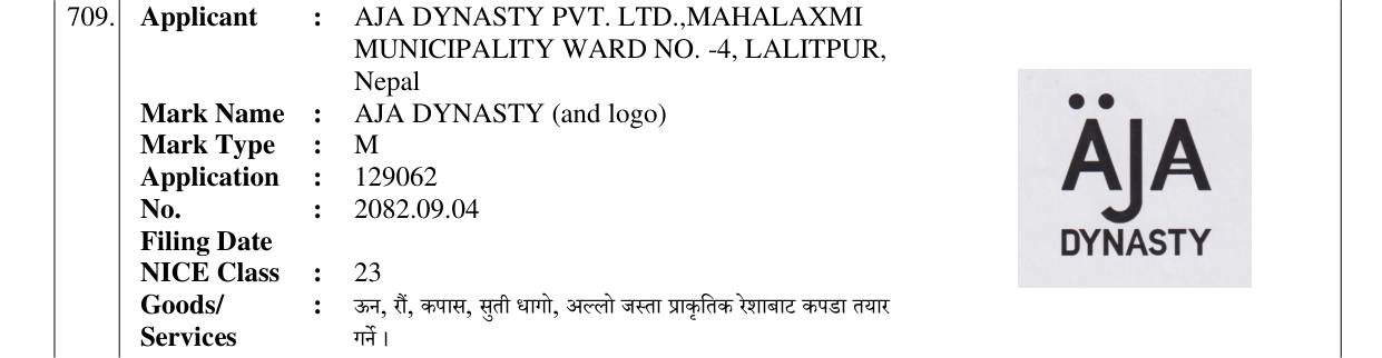 Original bulletin entry for AJA DYNASTY (and logo)
