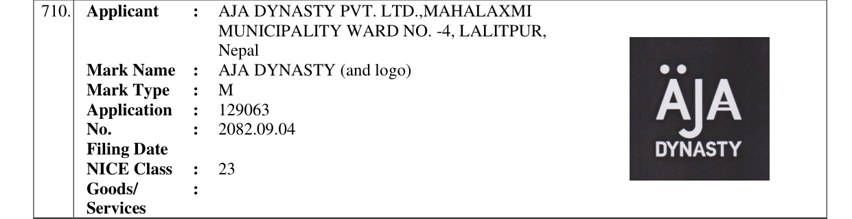 Original bulletin entry for AJA DYNASTY (and logo)