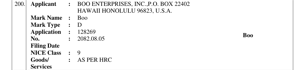 Original bulletin entry for Boo