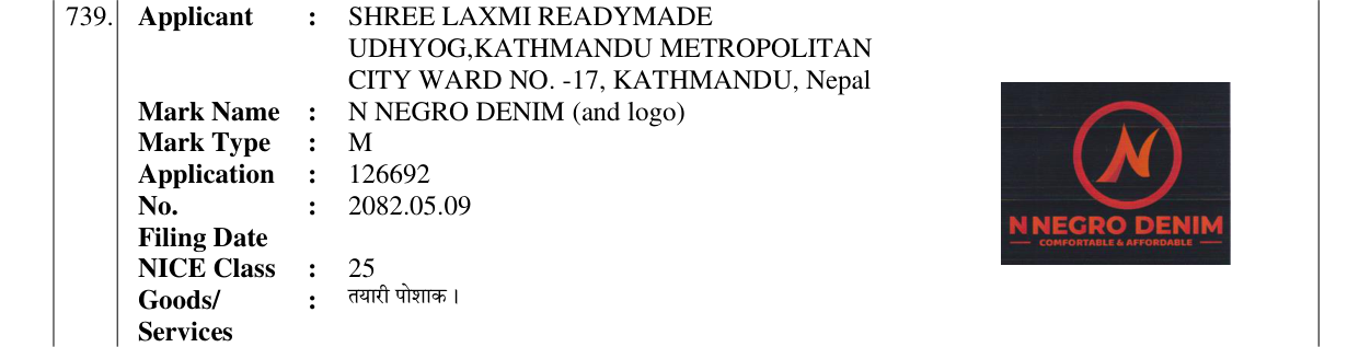 Original bulletin entry for N NEGRO DENIM (and logo)