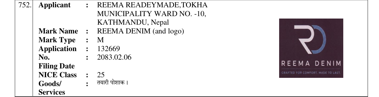 Original bulletin entry for REEMA DENIM (and logo)