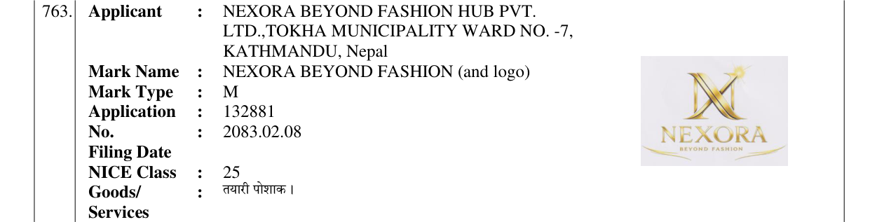 Original bulletin entry for NEXORA BEYOND FASHION (and logo)