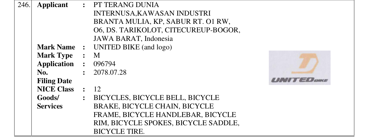 Original bulletin entry for UNITED BIKE (and logo)