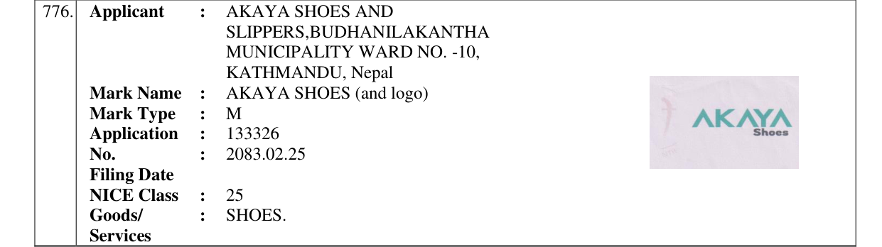 Original bulletin entry for AKAYA SHOES (and logo)